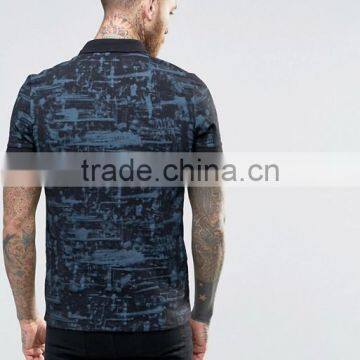 High Quality Custom Short Sleeve Button Placket Blue Men's Cotton/Spandex 200gsm Casual Slim Fit Printed Pattern Polo Tshirt photo-2