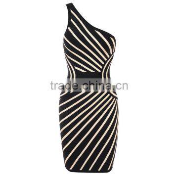 Hot Elastic Knitted Fashion Ladies One Shoulder Black And White Striped Bandage Dress Cocktail Party Dress photo-4