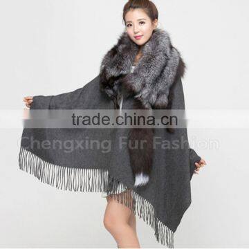 CX-B-P-53A Women Luxury Fox Fur Trim Pashmina Shawl photo-6