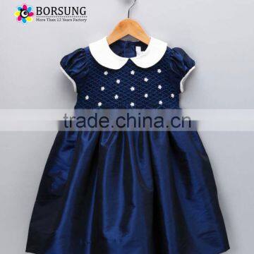 Baby Hand Smocked Peter Pan Collar Short puff Sleeve navy blue Dress Party Dress for kids clothing