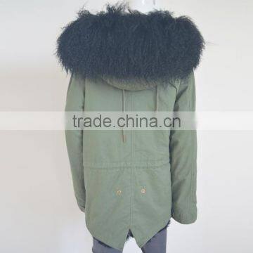 Myfur Black Sheep Fur Lining Mongolian Lamb Fur Hood Green Parka Jackets photo-5