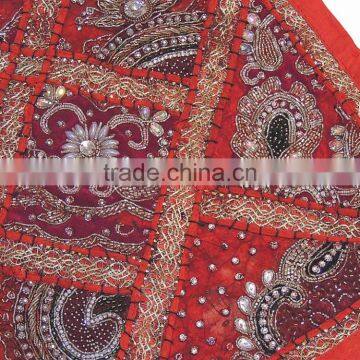 Elegant Red Decorative Living Room Square India Inspired Floor Pillow Cover photo-4