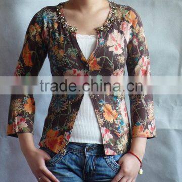 ladies' round-neck cardigan,garment,print and lace sweater