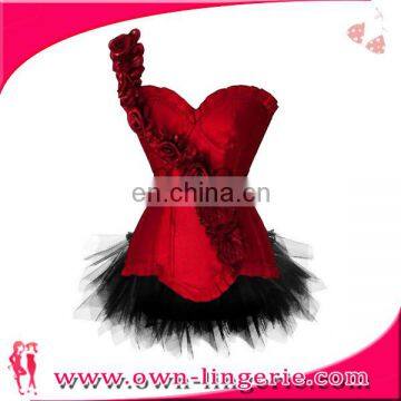 Wholesale Red Satin Gown Corset With Diagonal One-Shoulder Rose Sash corset