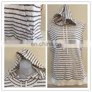 Womens Printed Stripe Sleeveless Funnel Neck Hoodie Top Shirt Natural Navy