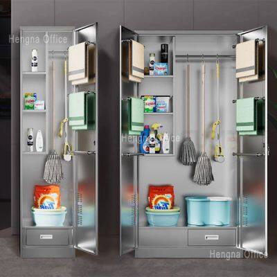 Professional Housekeeping Storage Locker With Heavy-duty Hangers & Drying Rod, Stainless Steel Cleaning Cabinet for Airport and Station