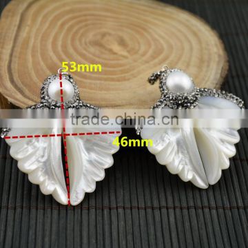 LFD-0014P ~ Druzy Shell Angel Wings with small Pearl Pave Rhinestone Charms Pendants For Necklace Jewelry Finding