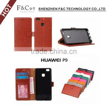 2016 fast shipment shenzhen luxury crazy horse texture folio cover case for huawei p9 with magnetic flap