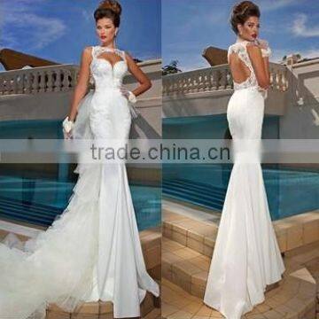 White Satin Sleeveless Bridal Wedding Dress With Removable Train