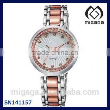 Ladies' Rhinestone-accented Quartz Movement Round Luminous Dial Two-tone Bracelet Watch