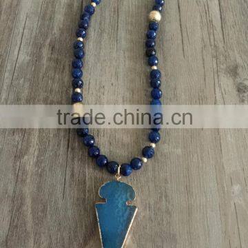 Navy Blue Natural Beads Brushed Gold Beads Mix Strand Necklace Pointed Agate Pendant Necklace