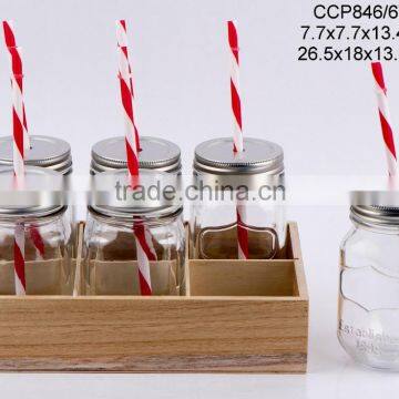 Glass jar with straw with wooden box (CCP846/6W)