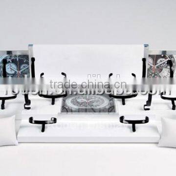 wood watch counter display glossy lacquer pu leather pillow metal c clip aluminium frame