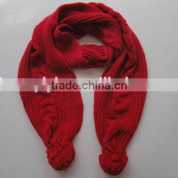 Solid red knitted scarf with pom pom on each end for girls