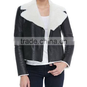 Latest Design Shearling Lambskin Leather Motor Jacket,Front-Zip Shearling Jacket