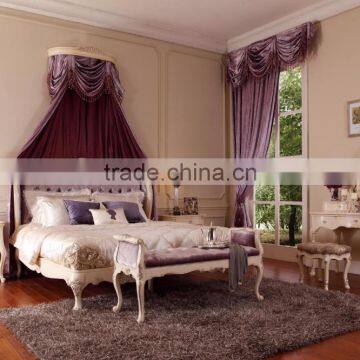 Luxury Carving Bed with Upholstery Headboard/French Design Wooden Bedroom Furniture Set King Size Bed