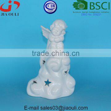 Glazed White Ceramic Angel, house and garden decorative lantern