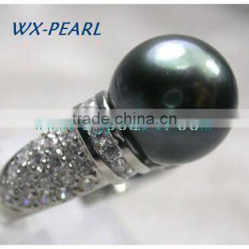 Large Round Tahitian Pearl Ring in Peacock Green photo-2