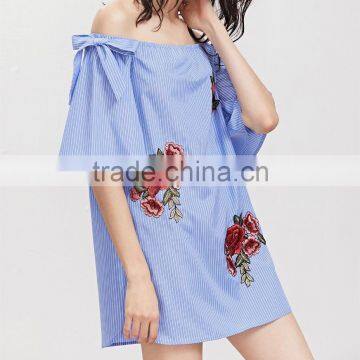 Women Summer Straight Short Dress Beach Wear Blue Striped Off The Shoulder Bow Detail Embroidered Applique Dress