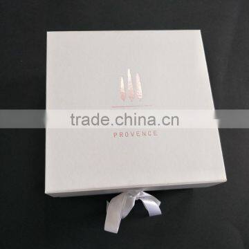 custom rose gold logo hot foil on top white ribbon magnetic closure white paper folding gift box