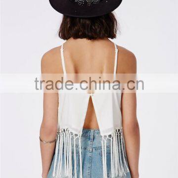 Fringed Plain White Spaghetti Strap Cami Crop Top Plain Wholesale Cheap photo-2