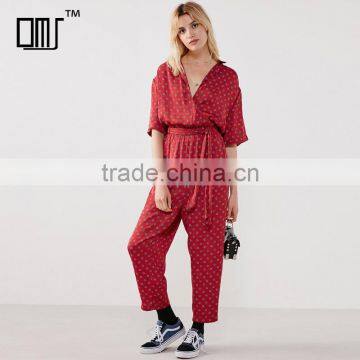 Vintage touch wrap over half sleeve printed peasant jumpsuit for lady