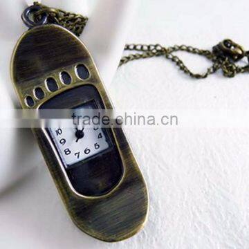 Vintage Skateboard Shape Open Faced Pocket Watch Pendant Necklace