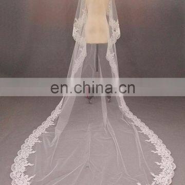 Real Pictures Long Ivory Wedding Veil With Lace Hem Online Sale photo-2