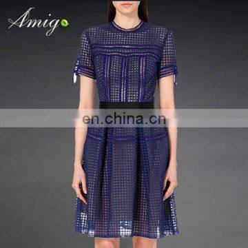 Short sleeve hollow out dark blue 2 layer dress for women causal dresses