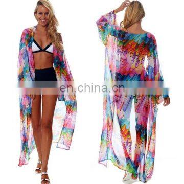 Women Beach Vacation Swimsuit Cover Up Rainbow Colored Feathers Digital Printed Open Front Kimono Semi Sheer Maxi Robe dress