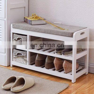 wooden sitting Storage Bench with basket Drawers & Seat Cushion for Shoe Cabinet