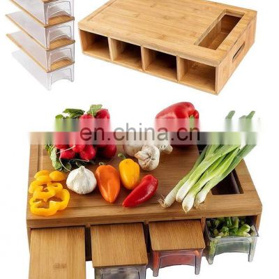 Amazon Hot Sell Large Size Organic Bamboo Cutting Board 4 Tray Plastic Drawers Cutting Board Bamboo Lids Chopping Blocks