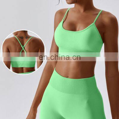 Seamless Ribbed Sling Straps Sports Cross Back Gym Bras Custom Sweat Wicking Yoga Tops