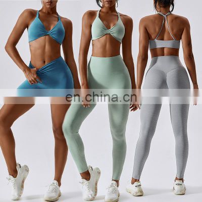 Newest Fashion Thin Straps Twist Sexy Sports Yoga Bra And High Waist Leggings 2 Pcs Gym Suit Set Women Workout Active Wear