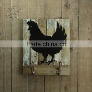Animal Black Rooster Zodiac Antique Decorative Slat Wood Wall Plaque With Hooks photo-2