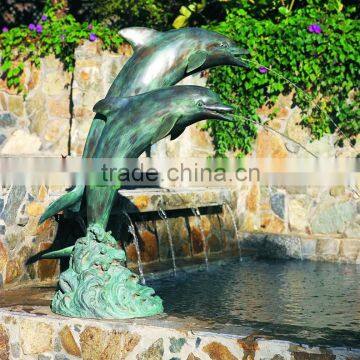 Bronze green two dolphin fountain sculpture