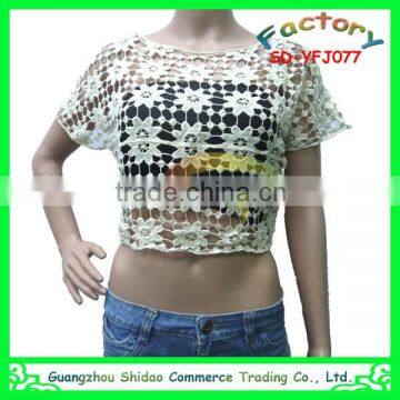 Fashional lady machine made short sleeves embroidery cotton water soluble lace blouse