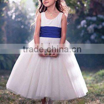 Lovely Scoop Blue Pleated Band Layer Prom Zipper Tea-Length Princess Flower Girl Dress ZX-027