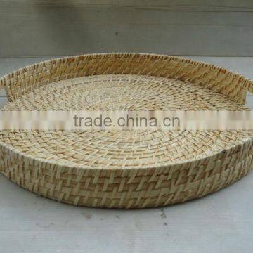 Round rattan serving tray, cheap bamboo tray round, handmade tray with handles