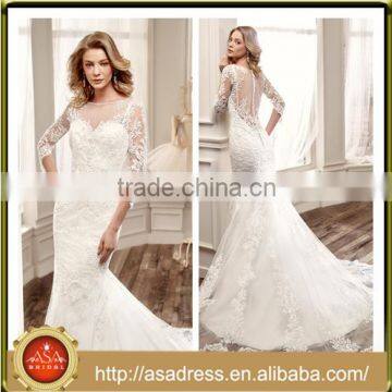 VDN34 Elegant Hand Made Full Appliqued Bodice Bridal Party Gown 2016 Long Train Sheer Back Lace Wedding Dresses with Sleeves