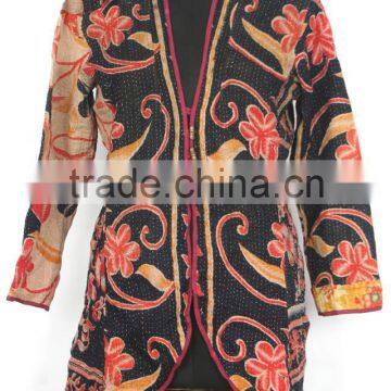 RTHCJ-21C Full sleeves Reversible vintage cotton kantha Winter Jackets For Girls Abstract Floral Flower Design Print Jaipur