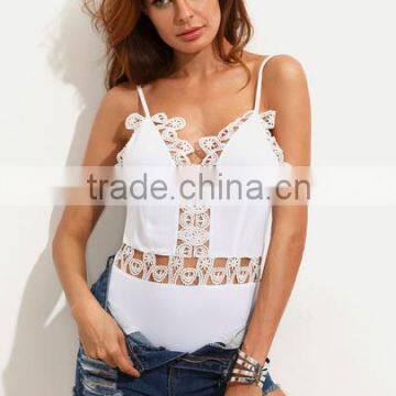 Bodysuits Latest Fashion Design Women Clothing White Spaghetti Strap V Back Crochet Bodysuit photo-3