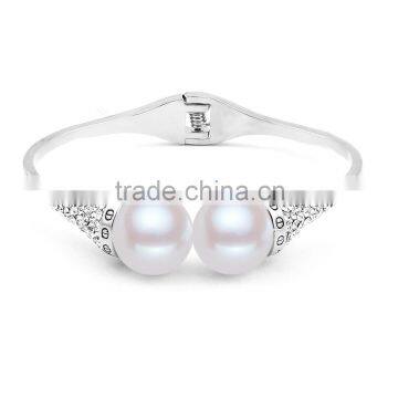 Korean Design Rose Gold Silver Plated Wedding Bracelets Jewelry Symmetrical Big Pearl Tiny Beads Cuff Bangles For Women