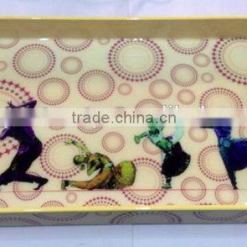 Wooden Serving Tray Rectangular Painted Bharatnatyam Print