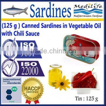 (125 g ) Canned Sardines in Vegetable Oil with Chili Sauce ,High Quality canned Sardines, Sardines in cans with Chili Sauce125g