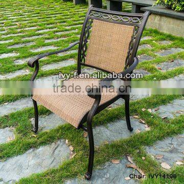 outdoor metal furniture cast aluminum chair in outdoor sling fabric with embellish armrest stackable dining chair #IVY14106