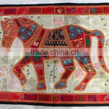 Indian Old Fabric Wall Decor With Horse Figure - Handworked Cotton Fabric Patchwork Wall Hanging Tapestry photo-4