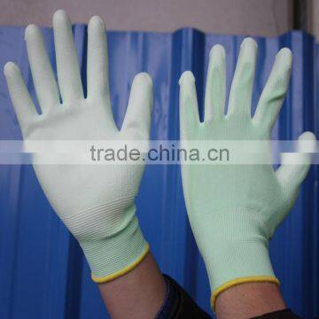 NMSAFETY 13g green polyester/nylon liner PU gloves good grip in dry enviroment