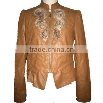 Handmade rose PU leather jacket for woman soft thin faux leather coat