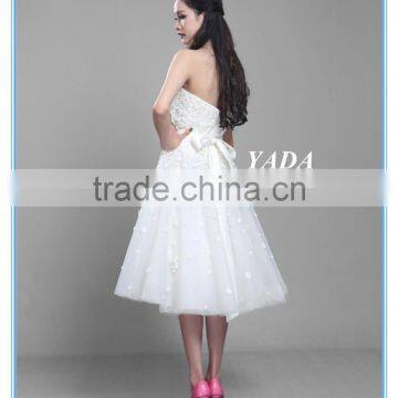 Pretty Off Shoulder Tulle Handmade Appliques Knee Length Wedding Dress photo-3